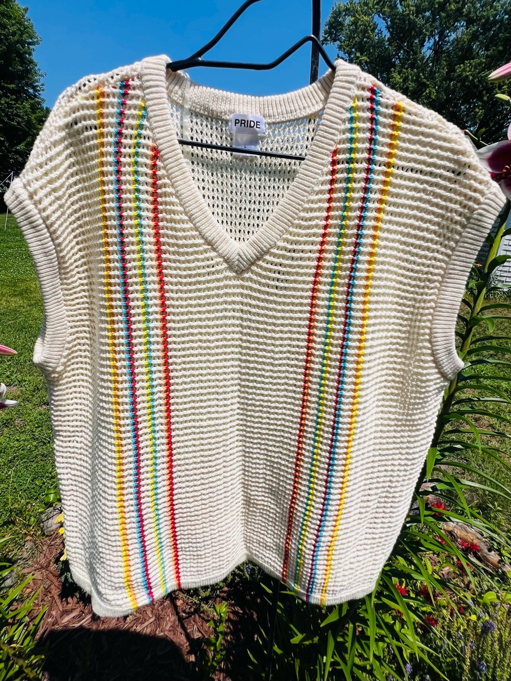 PRIDE Cream Knit Vest with Rainbow Stripe Detail - Picture 1 of 4